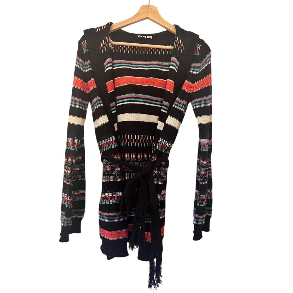 Roxy Ladies Medium Navy Multicolor Striped Hooded Cardigan Fringed Belt Duster‎